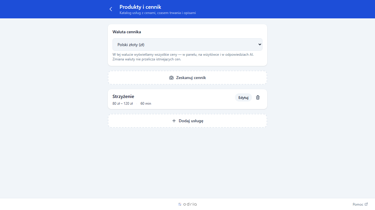 Lista usług pogrupowana po kategoriach