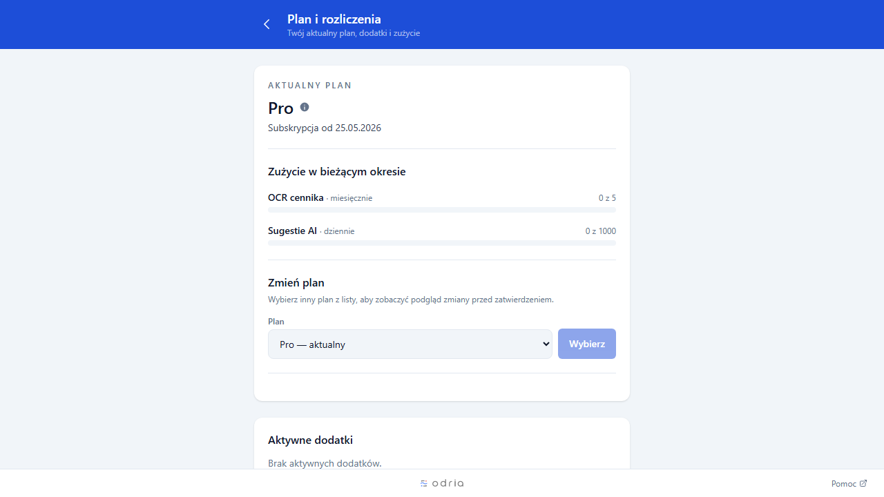 Ekran Plan i rozliczenia z aktualnym planem, addonami, zużyciem